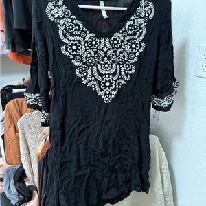 Black Embroidered Print Swim Coverup